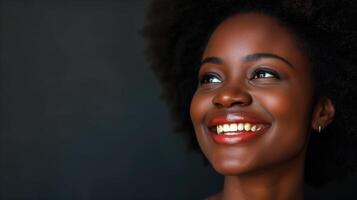 ai generado cerca arriba retrato de hermosa africano americano mujer sonriente en contra negro antecedentes. negro historia mes concepto. foto