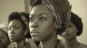 ai generado retrato de joven hermosa africano mujer en estudio. negro y blanco. negro historia mes concepto. foto