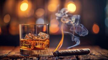 AI generated Glass of whiskey with ice cubes and cuban cigar on a wooden table photo