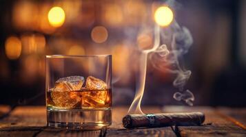 AI generated Glass of whiskey with ice cubes and cuban cigar on a wooden table photo