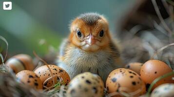AI generated Cute little chicken in the nest with eggs. Close up. photo