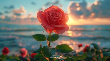 ai generado hermosa Rosa en el antecedentes de el mar y el puesta de sol. foto