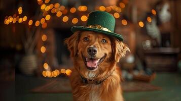 AI generated Golden retriever dog in leprechaun hat with bokeh background photo