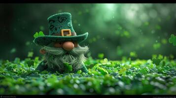 AI generated Leprechaun on green clover background. 3d render. St. Patrick's Day photo