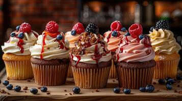AI generated Assortment of delicious cupcakes with cream and raspberries on wooden table photo