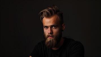 ai generado retrato de un brutal hermoso joven hombre con un barba en un negro antecedentes foto