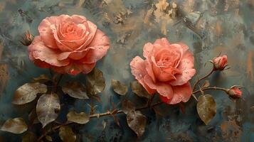 ai generado todavía vida con rosas en un grunge antecedentes. digital cuadro. foto