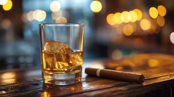 AI generated Glass of whiskey with ice cubes and cuban cigar on a wooden table photo