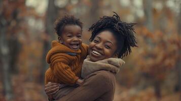 AI generated Portrait of happy African American mother and daughter looking at camera and smiling. Mother's day photo