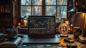 AI generated Laptop with bitcoin on the table. Cryptocurrency trading concept. photo