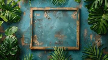 AI generated Mock up frame on green wall with flowers and plants. 3d rendering photo