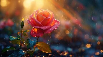 AI generated Beautiful red rose in the rain with bokeh background. photo