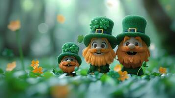 AI generated Three leprechauns with clover leaves in the forest, St. Patrick's Day photo