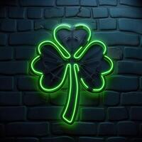 AI generated St. Patrick's Day neon sign with shamrock leaves on brick wall background. Vector illustration. photo