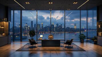 AI generated Luxury office interior with panoramic window and city view. photo