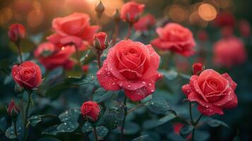 AI generated Beautiful red roses with dew drops in the garden. Nature background photo