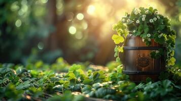 AI generated Shamrock in wooden pot on green bokeh background. St. Patrick's Day. Copy space photo