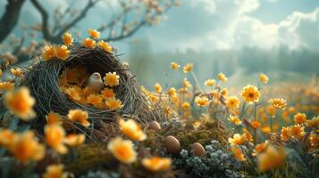 ai generado Pascua de Resurrección huevos en un aves nido en un antecedentes de amarillo flores foto