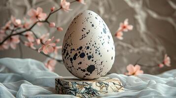 ai generado Pascua de Resurrección huevo en un blanco antecedentes con un rama de Cereza flores foto