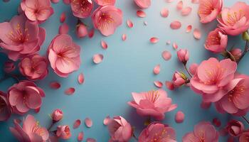 ai generado 3d hacer de rosado sakura flores y pétalos en azul antecedentes foto