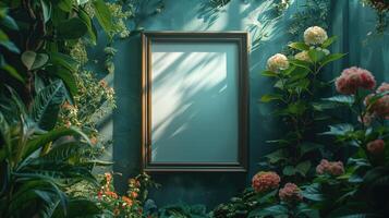 ai generado burlarse de arriba marco en verde pared con flores y plantas. 3d representación foto