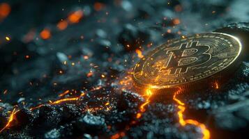 AI generated Bitcoin cryptocurrency mining concept. Cryptocurrency golden coin with burning sparks. photo