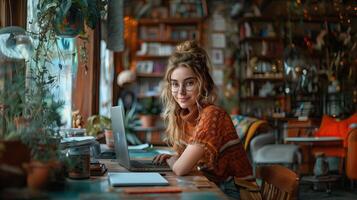 AI generated Photo of positive female web designer use netbook write message daylight indoors.