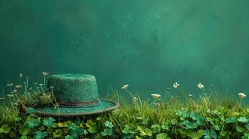 AI generated St. Patrick's Day background with green hat, clover and flowers photo