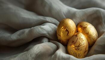 AI generated Golden Easter eggs on the linen background. Happy Easter concept. Selective focus. photo
