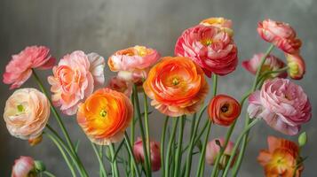 AI generated Ranunculus persian buttercups on grey background photo