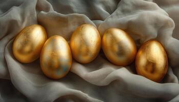 AI generated Golden Easter eggs on a white linen background. Selective focus. photo