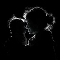 AI generated Silhouette of a mother and her daughter on a black background. Mother's day photo