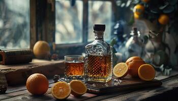 AI generated Still life with glass of whiskey and ripe oranges on a wooden table. photo