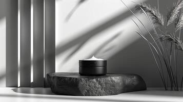 AI generated 3D rendering of a black cosmetic jar on a marble pedestal in a white room, mockup photo