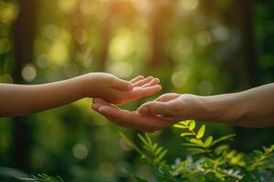 AI generated Hands of parent and child holding each other in the green forest. Mother's day, Family concept photo