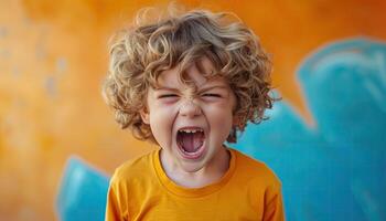 AI generated Cute little boy with blond curly hair screaming on orange background. photo