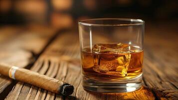 AI generated Glass of whiskey with ice cubes and cuban cigar on a wooden table photo