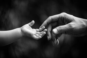 AI generated father and son holding hands, black and white image. Mother's day, Family concept photo