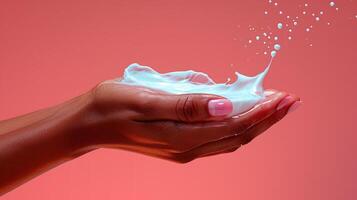 AI generated Female hand with white cream splashes on pink background, closeup photo
