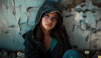 ai generado retrato de un hermosa morena niña adolescente en un béisbol gorra y un capucha en el antecedentes de un abandonado edificio foto