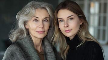 AI generated Portrait of a senior mother and daughter at home. Portrait of a mother and daughter. photo