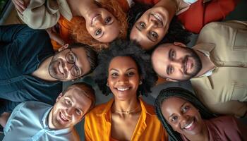 AI generated Top view of group of diverse young people looking at camera and smiling photo