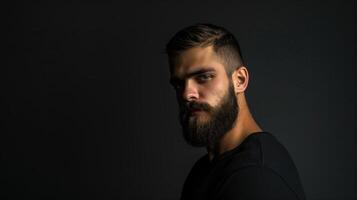 ai generado retrato de un brutal hermoso joven hombre con un barba en un negro antecedentes foto