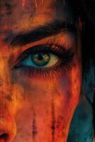 AI generated Close up of woman's eye. Grunge background. Halloween theme. photo