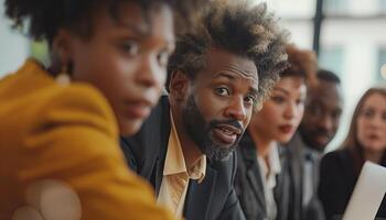 AI generated african american businessman looking at camera while colleagues working in office photo