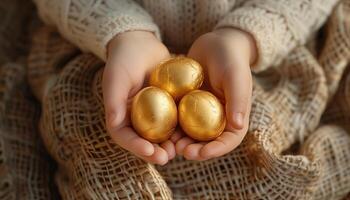 AI generated Hands of a child holding golden Easter eggs. Selective focus. Holiday. photo