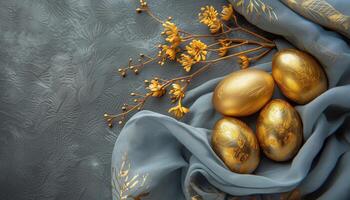 AI generated Golden easter eggs on blue silk background. Happy easter concept. photo