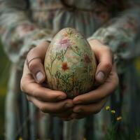 ai generado Pascua de Resurrección huevo en el manos de un niña en un verde vestir foto