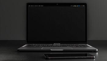 AI generated Laptop with blank screen and smartphone on black background. 3d rendering photo