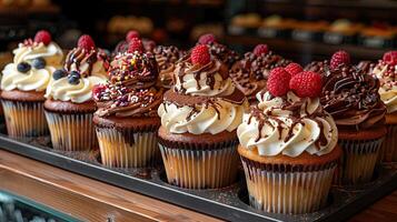 AI generated Assortment of delicious cupcakes with cream and raspberries on wooden table photo